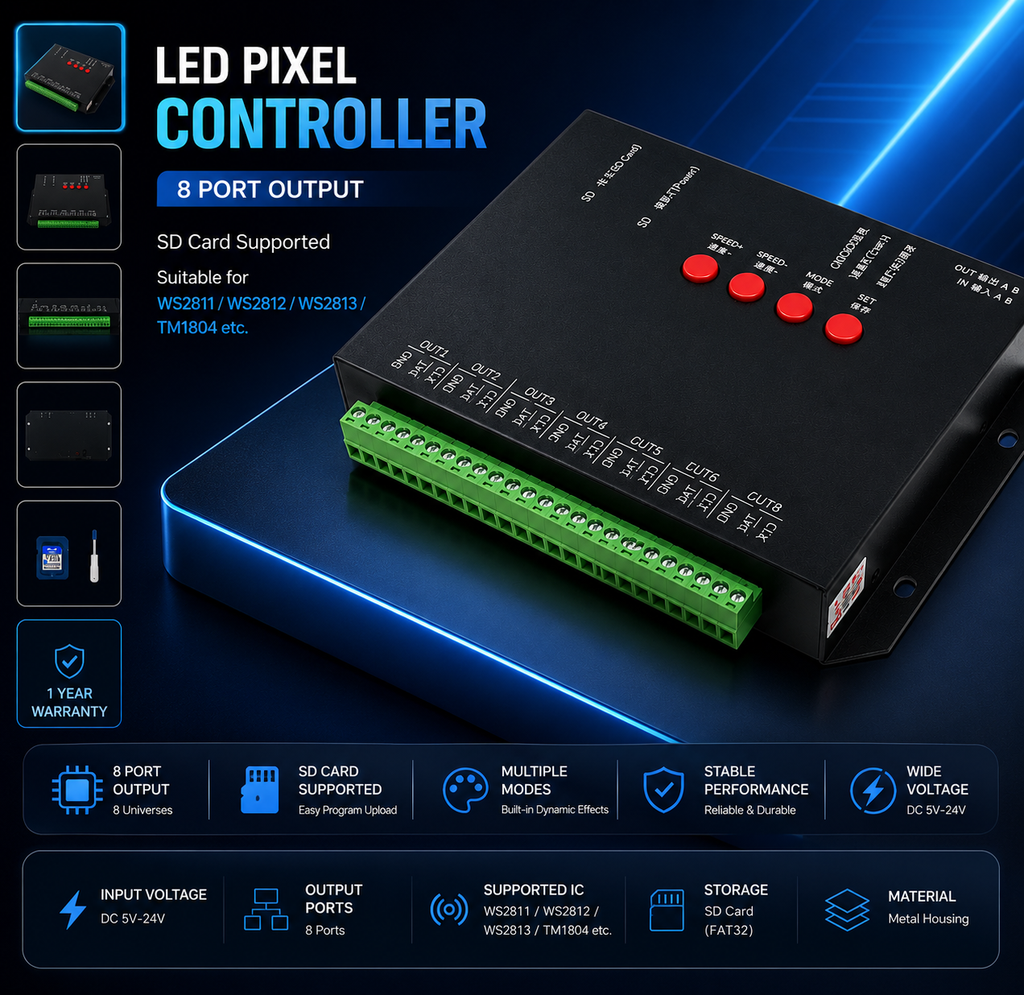 T-8000 TTL LED Pixel Controller – SD Card Programmable Pixel LED Controller